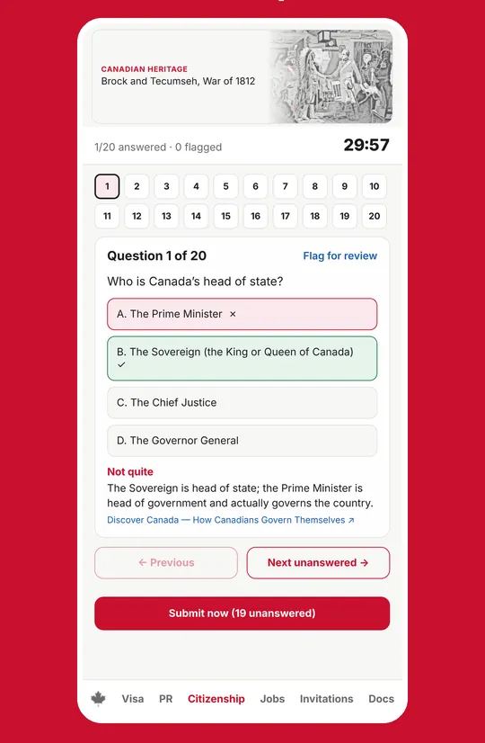 Citizenship practice test with 20 questions and a timer