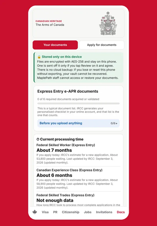 Encrypted document vault with Express Entry document checklist